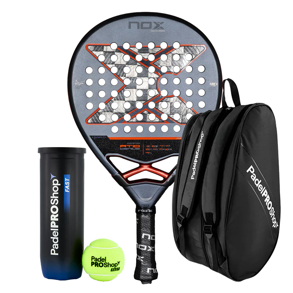 Pack Nox AT10 Genius 18K Alum 2025 Agustín Tapia + Paletero PadelPROShop Negro + Pelotas PadelPROShop Fast